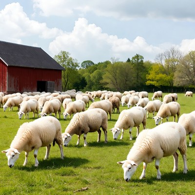 Sheep grazing near a red barn