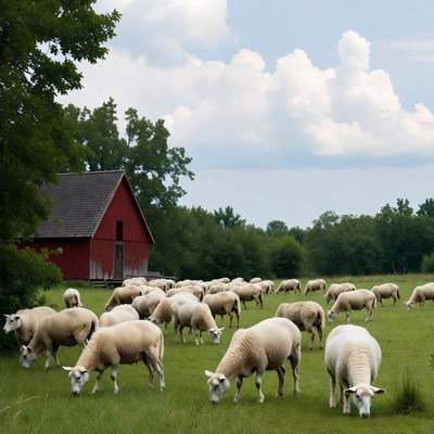 Sheep grazing near a red barn