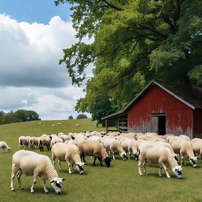 Sheep grazing near red barn