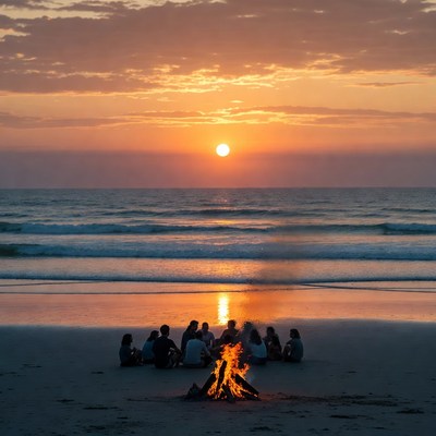 Beach bonfire at sunset gathering