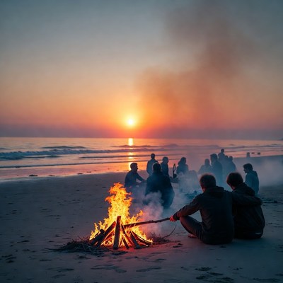Sunset gathering by the beach fire