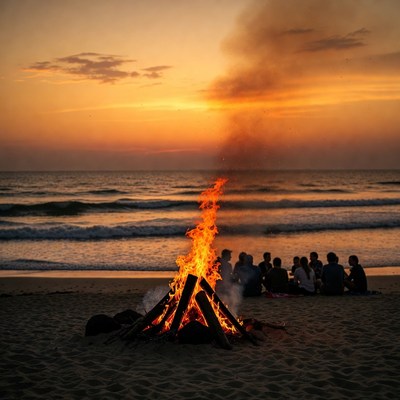 Friends gather around beach bonfire at sunset