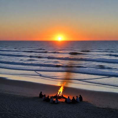 Friends gather around beach fire at sunset