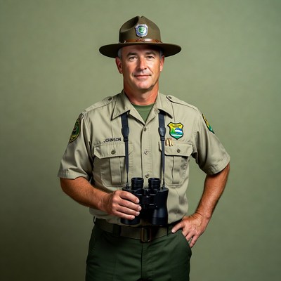 Ranger holding binoculars for wildlife observation