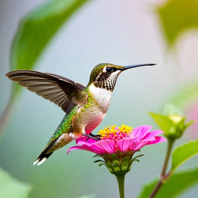 Hummingbird hovering by flower
