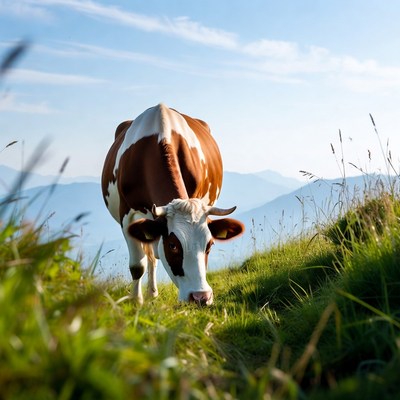Cow grazing on hilltop in daylight