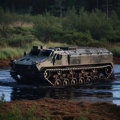 Military vehicle moving through water