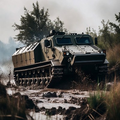 Military vehicle maneuvers through mud