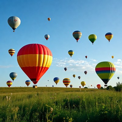 Colorful hot air balloons fly in sky