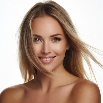 Woman with flowing hair smiles brightly