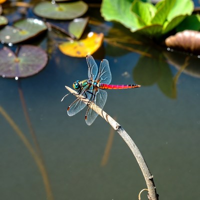 Dragonfly on a stick by a pond