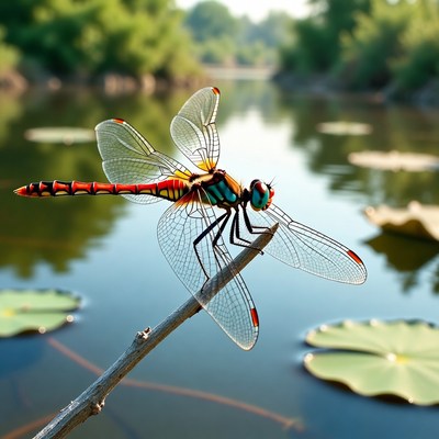 Dragonfly resting by water