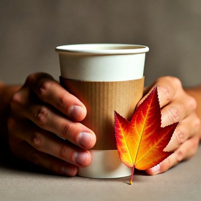 Hands hold coffee cup with autumn leaf
