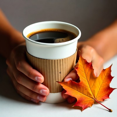 Enjoying coffee with autumn leaf