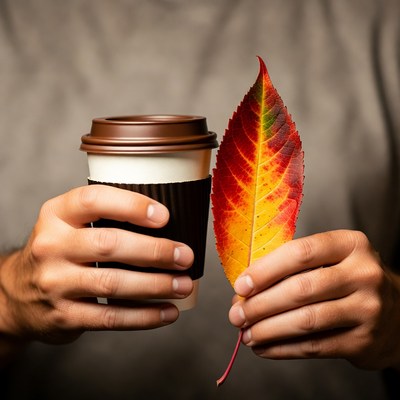 Holding coffee and autumn leaf