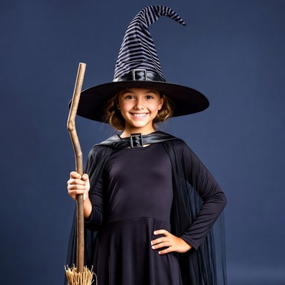 Young witch in black hat and cape