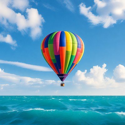 Colorful hot air balloon over water