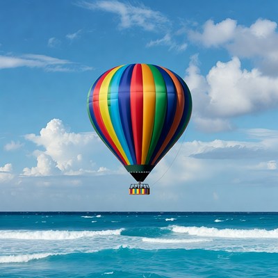 Colorful hot air balloon over ocean