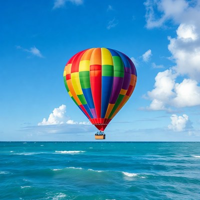 Colorful hot air balloon over ocean
