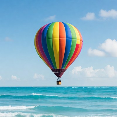 Colorful hot air balloon over ocean