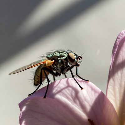 Fly on pink flower petal