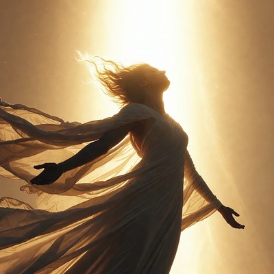 Woman in sunlight with flowing fabric