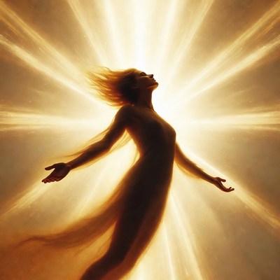 Woman embracing light at sunset