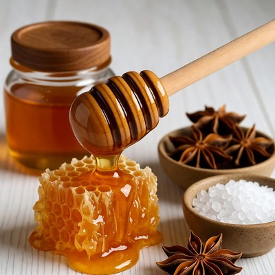 Honey and spices on table