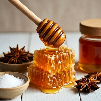 Honey drips from wooden dipper