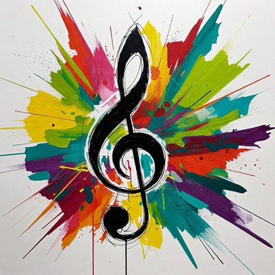 Colorful music note design with paint splashes