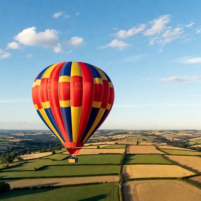 Hot air balloon over fields