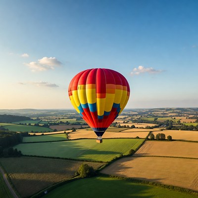 Hot air balloon over green fields