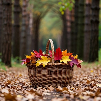 Basket with autumn leaves in park