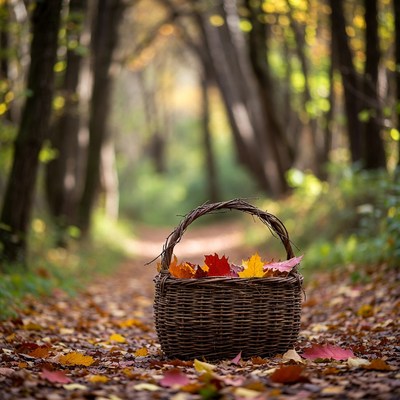 Autumn leaves in a basket on the path