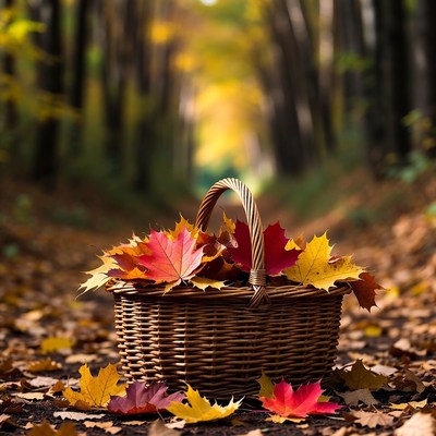 Autumn leaves in a basket on a path