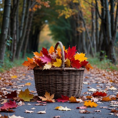 Autumn basket with colorful leaves on path
