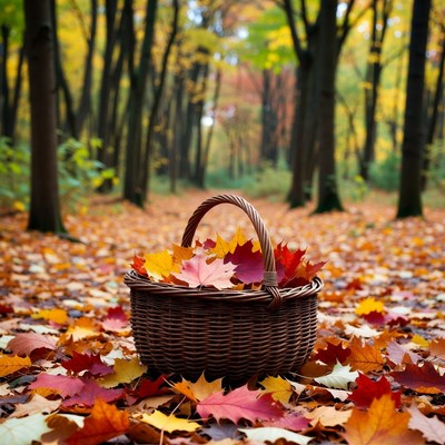 Basket of leaves in autumn forest