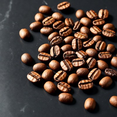 Fresh coffee beans on dark surface