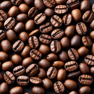 Close-up view of coffee beans on dark surface