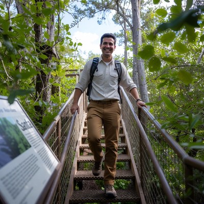 Man walking on staircase in nature