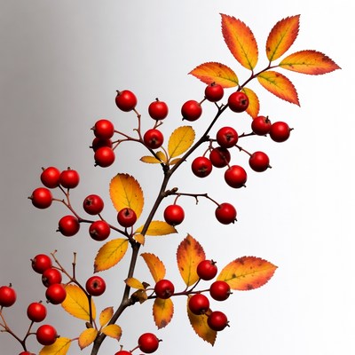 Branch with red berries and yellow leaves