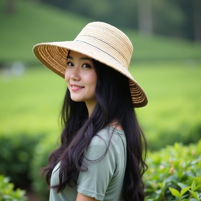 Woman in hat in green field