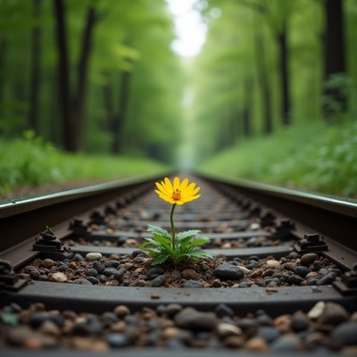 Flower growing on railway tracks