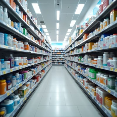 Rows of bottles in a pharmacy aisle