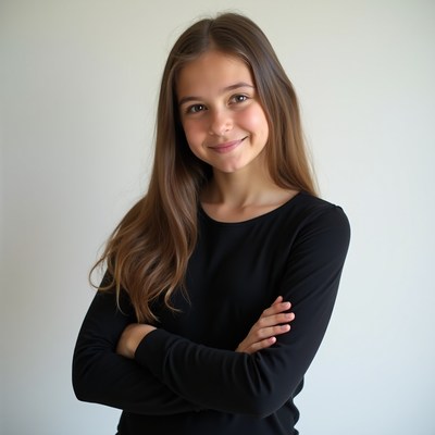 Girl smiling with crossed arms indoors