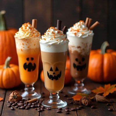 Halloween themed drinks with pumpkins