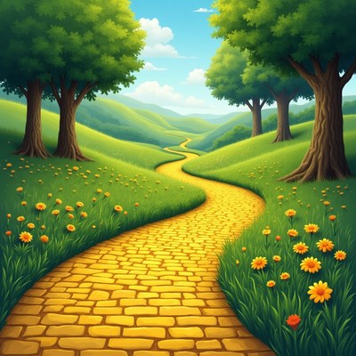 Path through green hills and trees