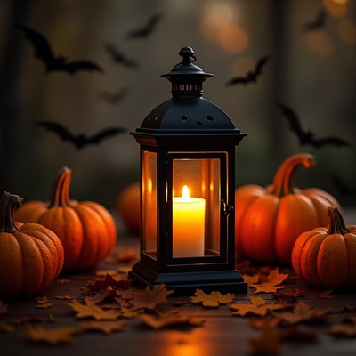 Halloween lantern with pumpkins and bats