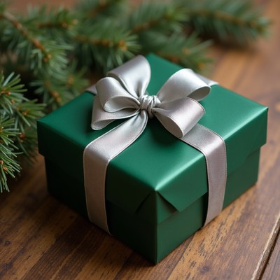 Green gift box on wooden table