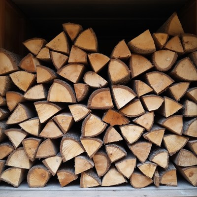 Stacked firewood in neat rows